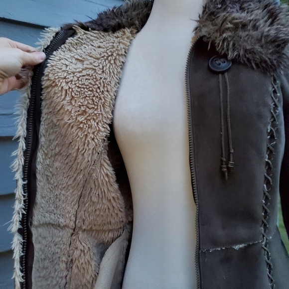 Vintage 90s y2k Esprit Brown Vegan Suede Faux Fur Collar Monster Penny Lane Coat - Picture 6 of 8